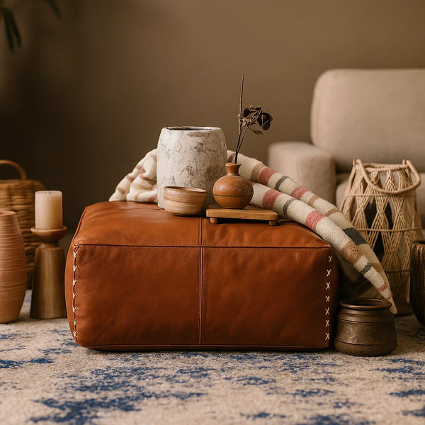 Cross Leather Ottoman Pouffe
