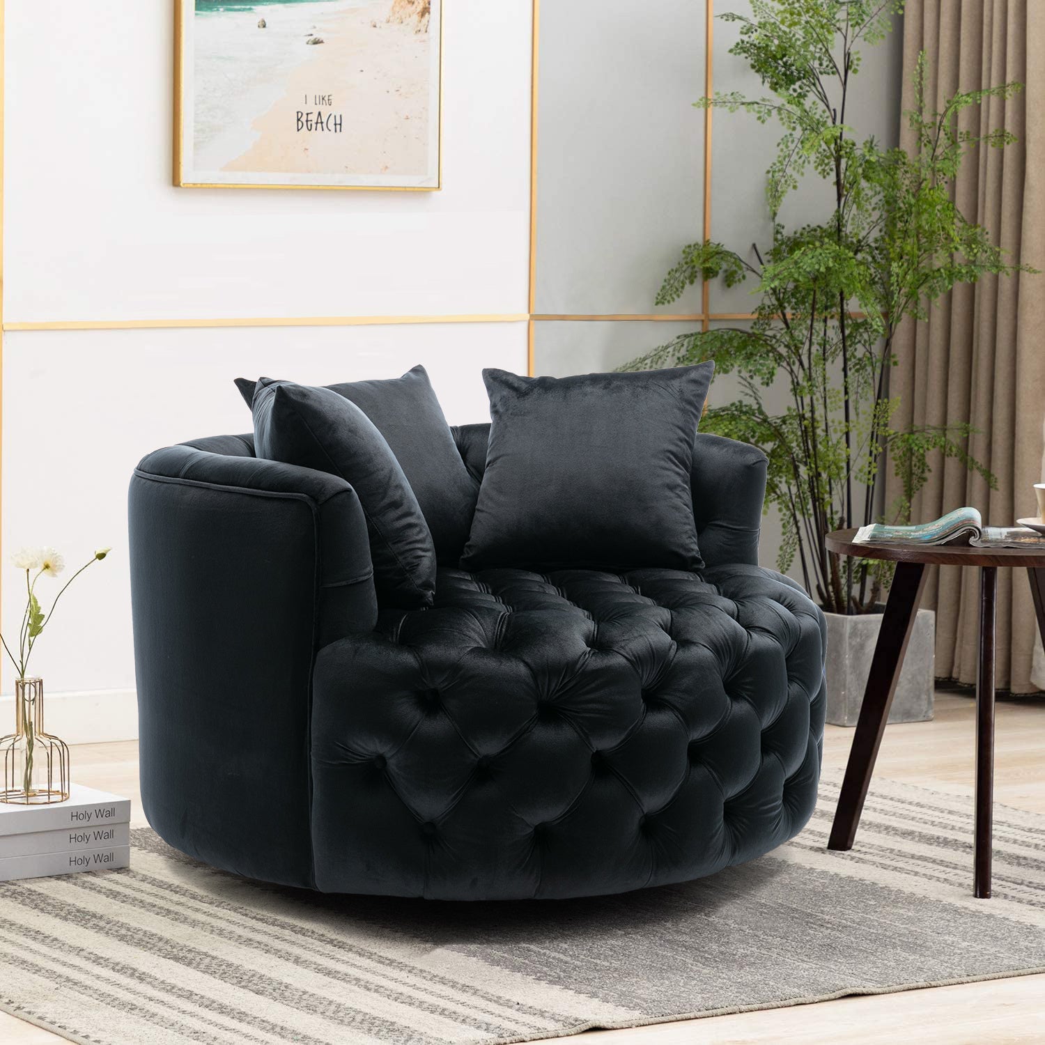 Tufted Linen Swivel Chair
