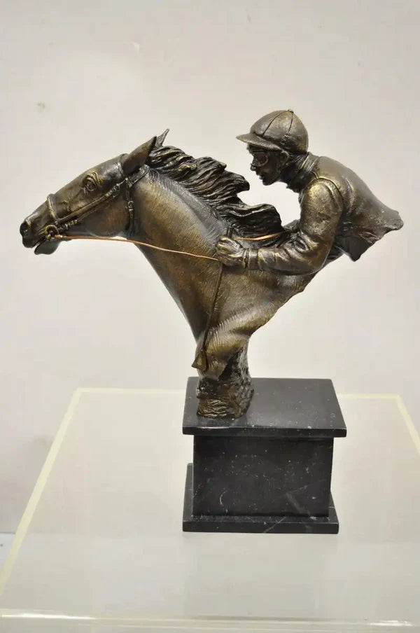 Bronze Equestrian Race Horse and Jockey Rider Sculpture