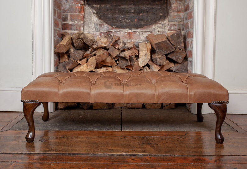 Vintage Chesterfield Queen Anne Bench - Leather