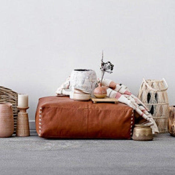 Cross Leather Ottoman Pouffe