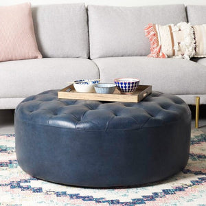 Open image in slideshow, Leather Tufted Round Cocktail Ottoman
